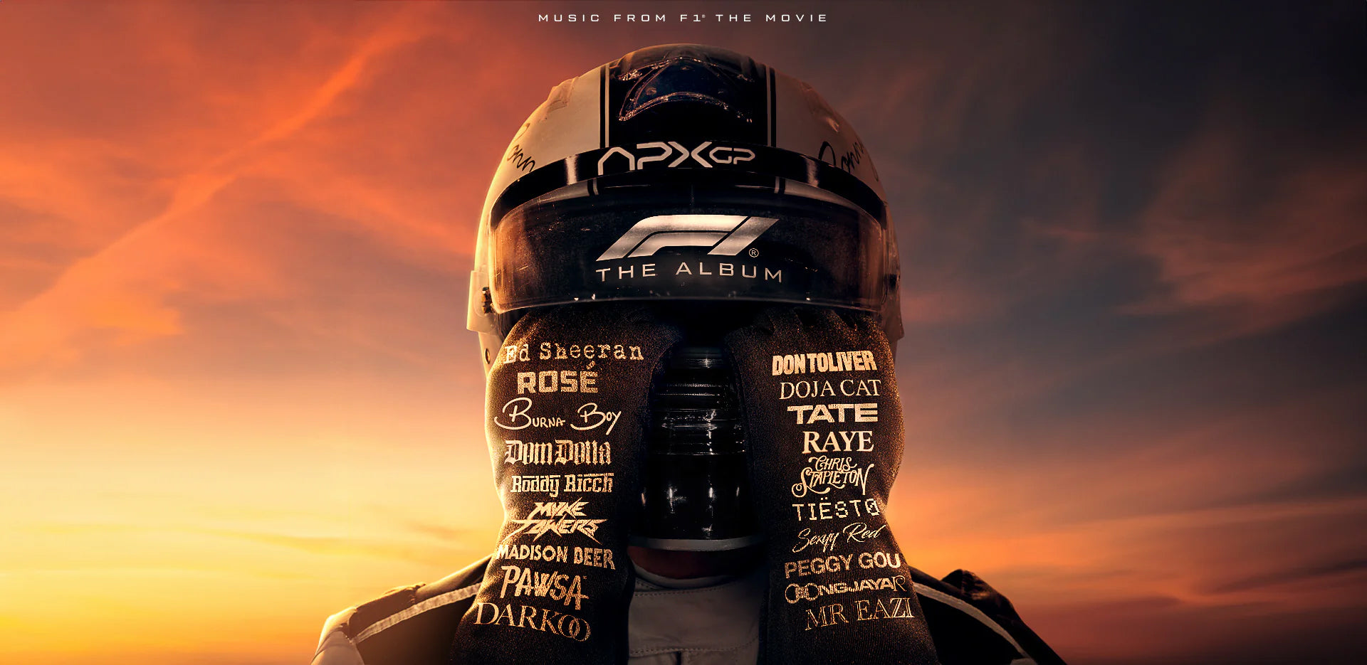 Image of F1 driver wearing helmet with album artist names